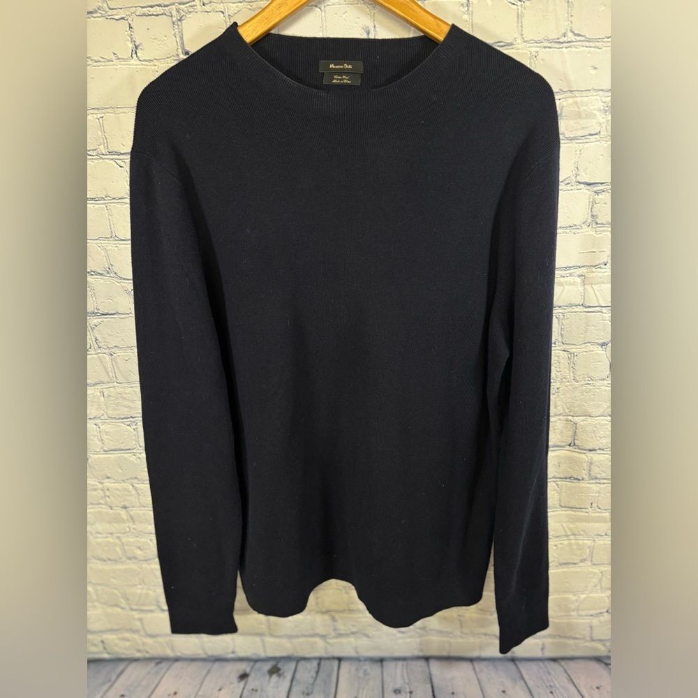 Massimo Dutti Navy Cotton Merino Wool Blend Crewneck Minimalist Preppy Sweater L